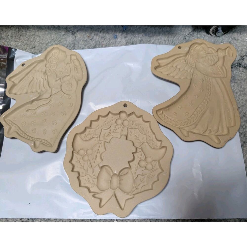 Vintage Brown Bag Cookie Art Molds Stoneware Set Of 3 Angel Wreath